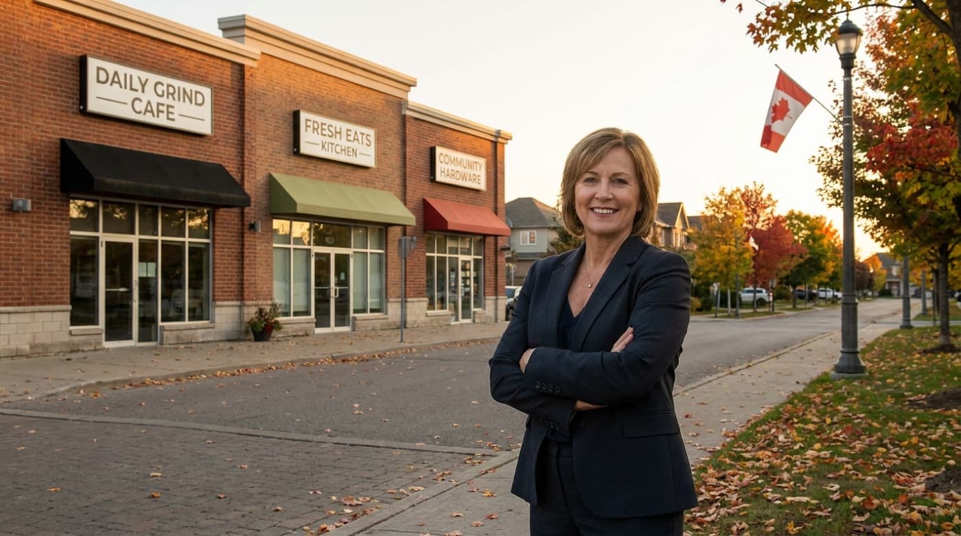 Franchise owner in front of Canadian storefronts